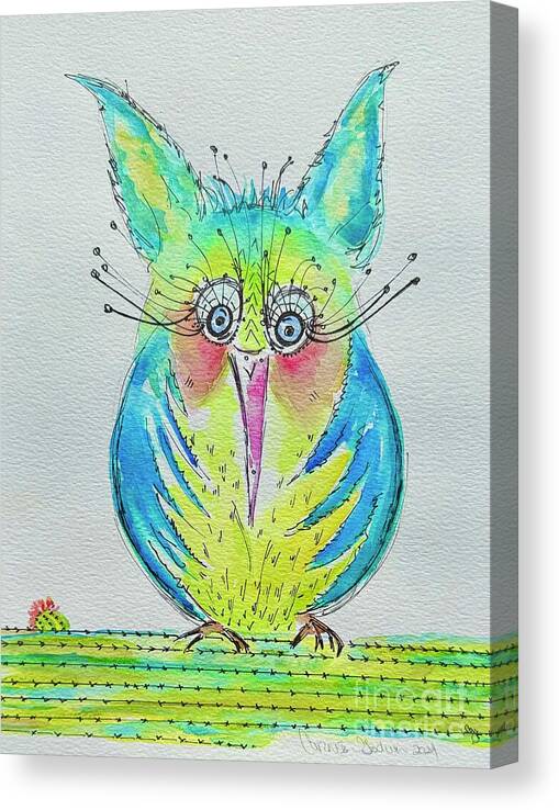 Owl Illustration Canvas Print featuring the painting Cactus Perch Owl by Carrie Godwin