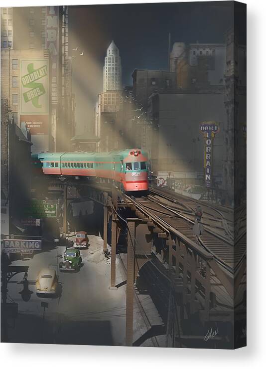 Chicago Canvas Print featuring the painting Electroliner - Chicago in the 1940s by Glenn Galen