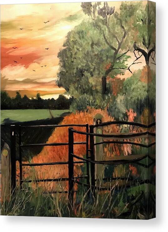 Kissing Gate Canvas Print featuring the painting Kissing Gate in Autumns Glow by Abbie Shores
