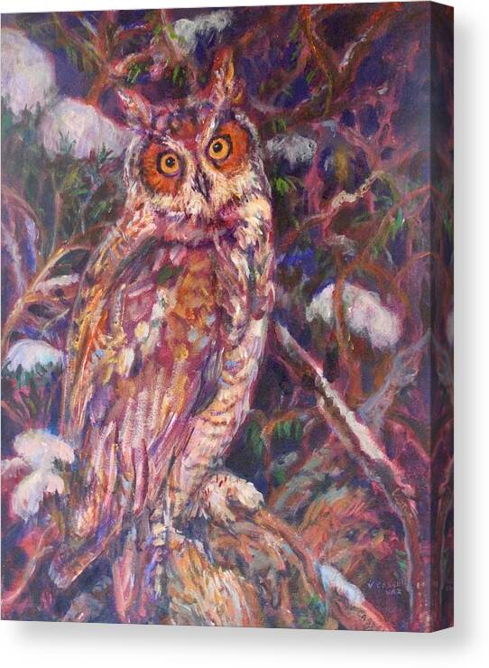 Winter Scene Canvas Print featuring the painting Long Eared Owl by Veronica Cassell vaz