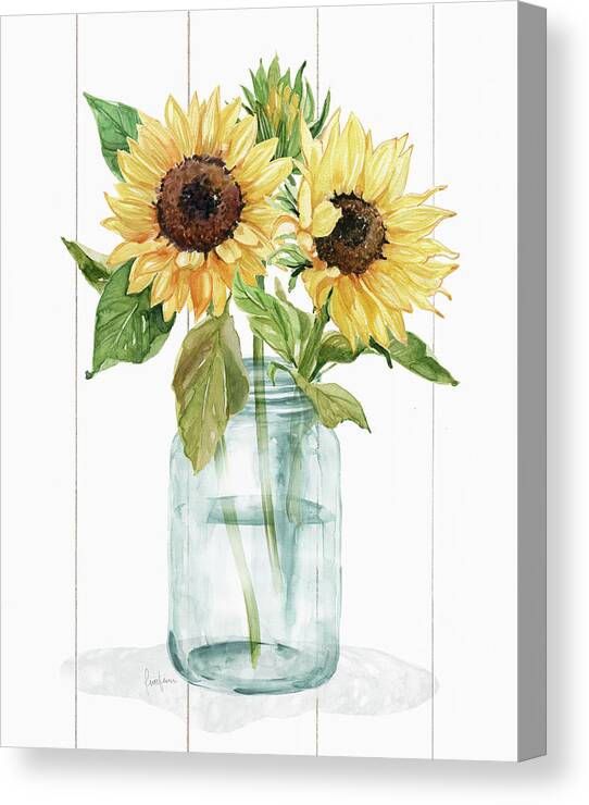 Sunflowers Mason Jar Yellow Brown Teal Flowers Still Life Watercolor Canvas Print featuring the painting Sunflower Days 1 by Carol Robinson