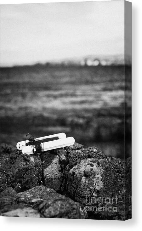 Northern Canvas Print featuring the photograph Childrens Bright Orange Crab Line Fishing Line With Weight Sitting On Rocks Near The Sea With Shoreline In Background Vertical by Joe Fox