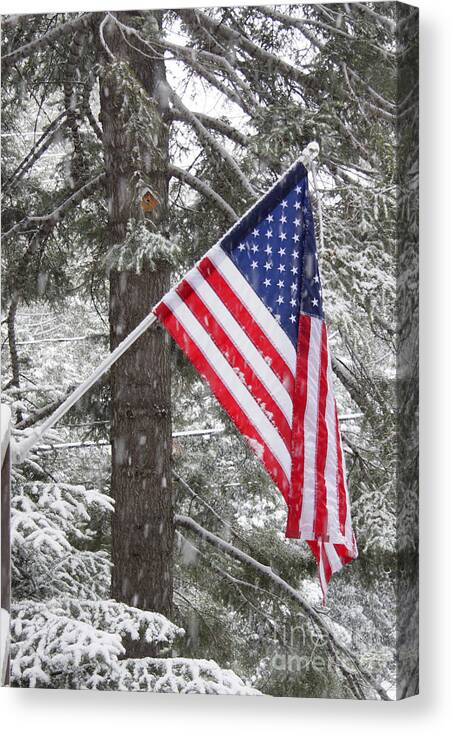 Winter Canvas Print featuring the photograph Old Glory in Winter and During a Snowstorm by Kenny Bosak