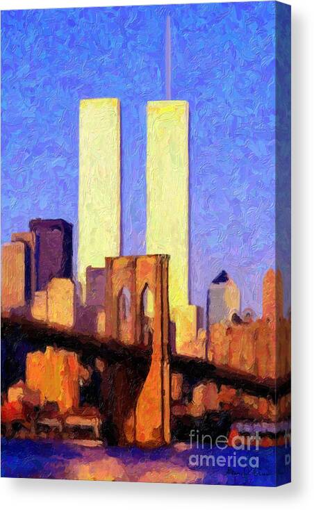 Commemorative New York City Architecture Building Brooklyn Bridge Skyline Ny New York Twin Towers Water 911 September 11 Sunset Sunset Painting Cover-art Poster Canvas Canvas Print featuring the photograph Towers Sunset by Adam Olsen