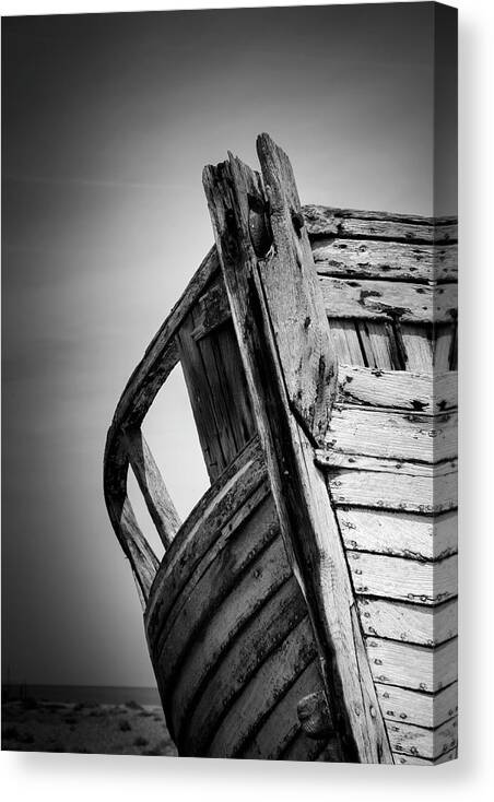 Dungeness Canvas Print featuring the photograph Old Abandoned Boat Portrait BW by Rick Deacon