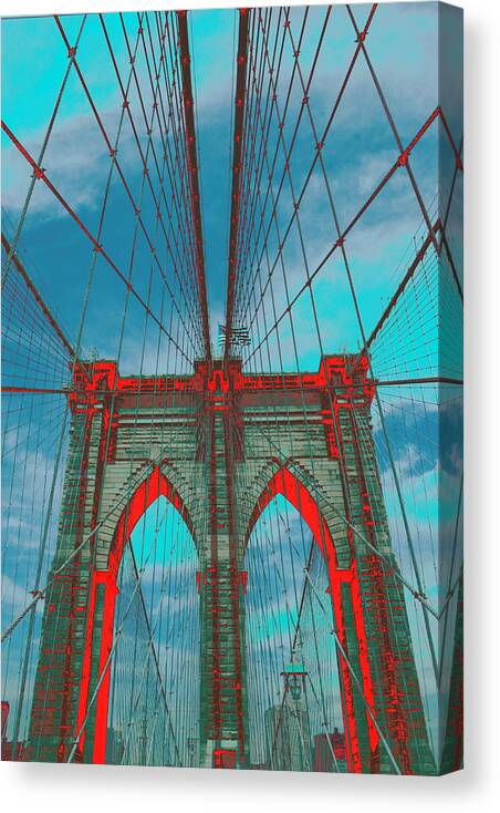 Brooklyn Bridge Psychedelic Canvas Print featuring the photograph Brooklyn Bridge Red Shadows by Christopher J Kirby