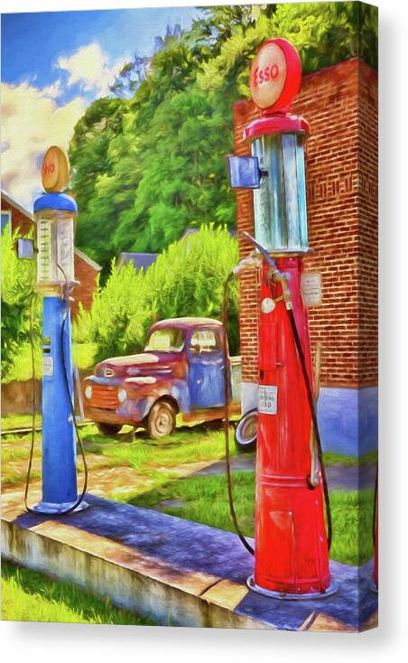 Old Canvas Print featuring the painting Old Time Vintage Gas Pumps AP by Dan Carmichael