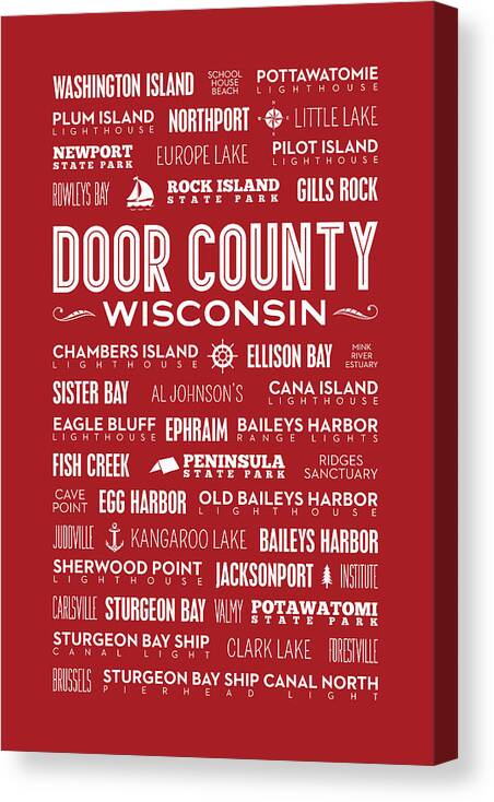 Door County Canvas Print featuring the digital art Places of Door County on Red by Christopher Arndt