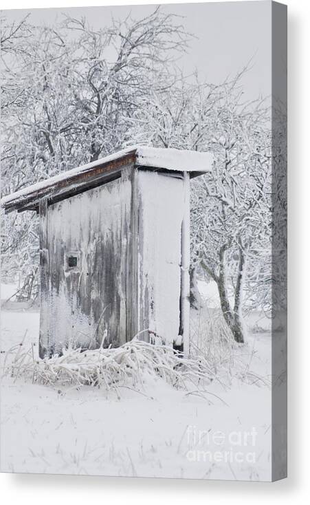 Outhouse Canvas Print featuring the photograph The Coldest Fifty Yard Dash by Benanne Stiens