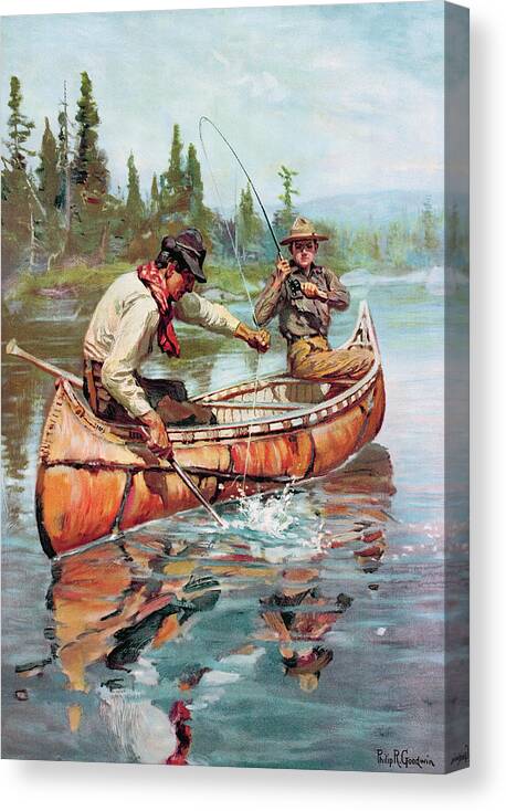 Outdoor Canvas Print featuring the painting Two Fishermen In Canoe by Philip R Goodwin