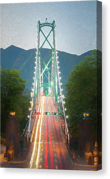 Canada Canvas Print featuring the digital art Lions Gate Bridge Digital Painting by Rick Deacon