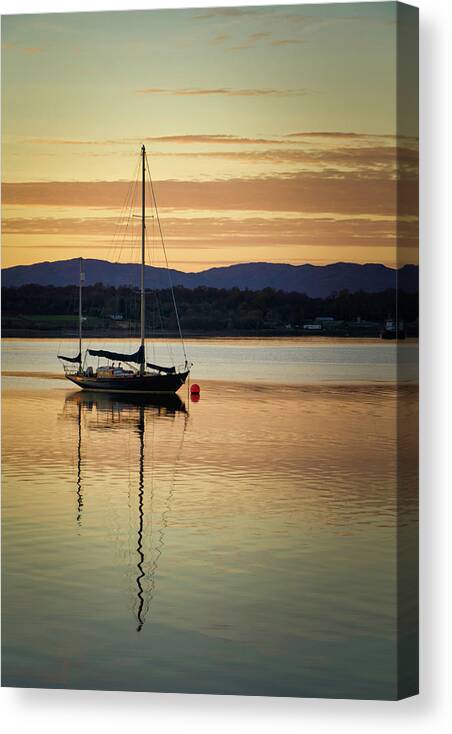 Blue Canvas Print featuring the photograph Boat On A Lake at Sunset by Rick Deacon