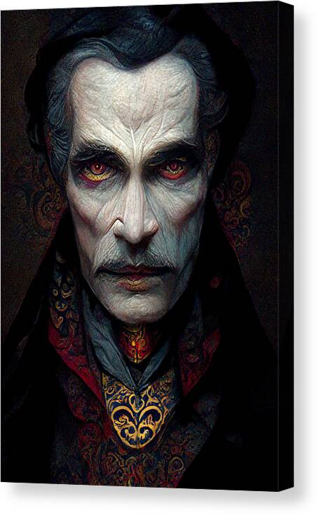 Dracula Canvas Print featuring the digital art Dracula Halloween Haunted House Portrait by Trevor Slauenwhite