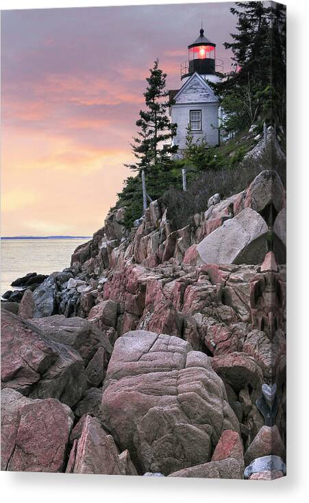 Bass Canvas Print featuring the photograph Maine Lighthouse Sunset - Bass Harbor Light by Photos by Thom