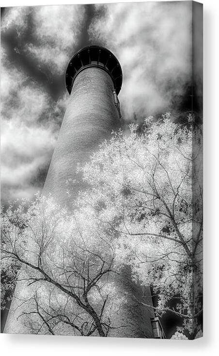 Beach Canvas Print featuring the photograph Outer Banks Beach Corolla Lighthouse Glow bw by Dan Carmichael