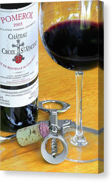 Wine Glass Canvas Print featuring the photograph Wine Bottle, Glass and Corkscrew - Pomerol by Kenneth Lane Smith