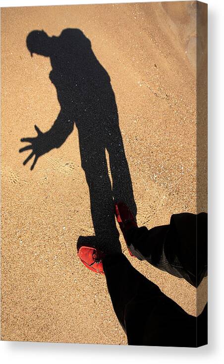 Silhouette #shadow Photography #artwork Style #shadow And Light #sandy Beach#red Shoes#jurmala Beach Canvas Print featuring the photograph Red Shoes /Jurmala by Aleksandrs Drozdovs