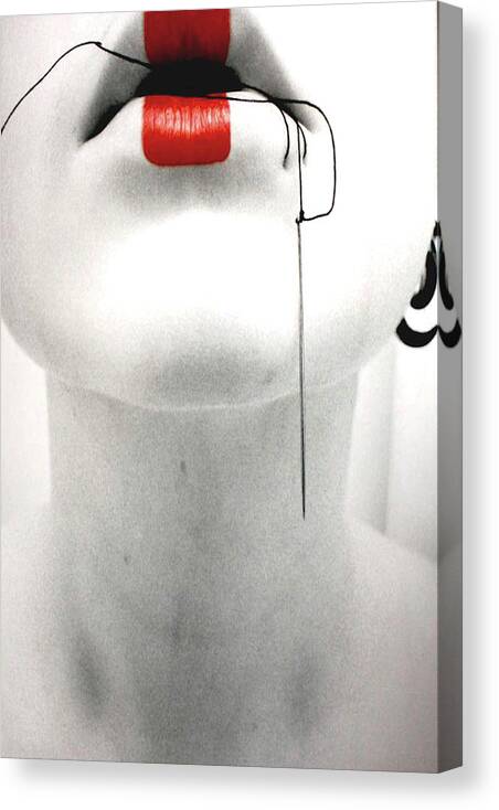 Lips Japanese Woman Mouth Sewn Thread Piercing Lip Canvas Print featuring the photograph Stfu II by Kasey Jones