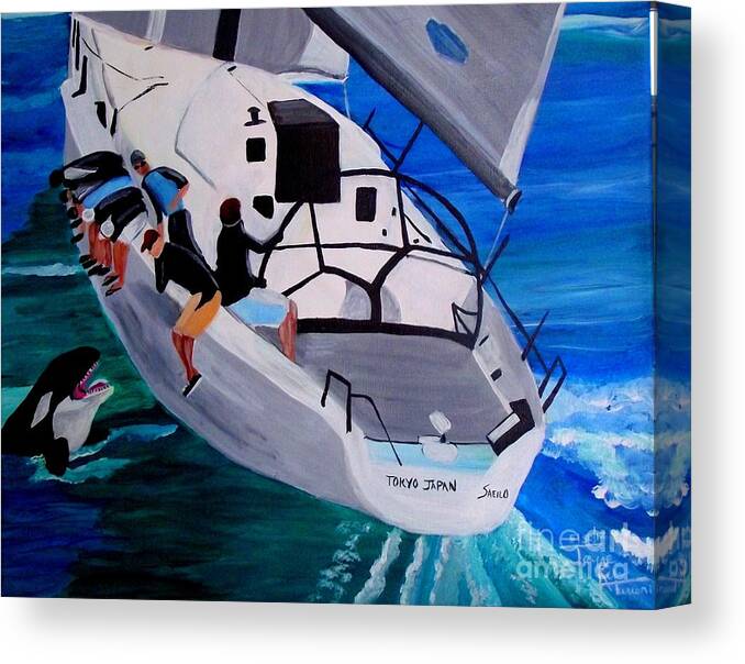  Sailboat Canvas Print Canvas Print featuring the painting Sailboat with an Orca by Jayne Kerr 