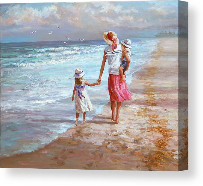 Mom And 2 Kids Canvas Print featuring the painting Hand in hand by Laurie Snow Hein