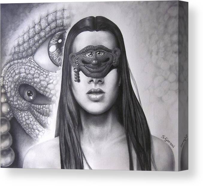 Drawing Surrealism Drawing Canvas Print featuring the drawing Masked Beauty #1 by Geni Gorani