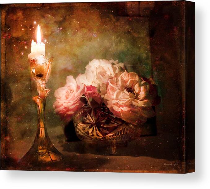 Vintage Still Life Canvas Print featuring the photograph Roses By Candlelight by Theresa Tahara