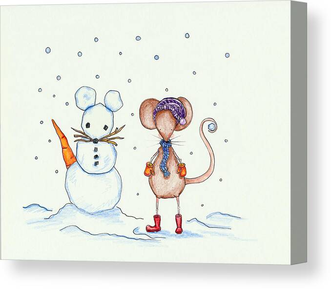 Snow Mouse And Friend Canvas Print featuring the drawing Snow Mouse and Friend #1 by Sarah LoCascio