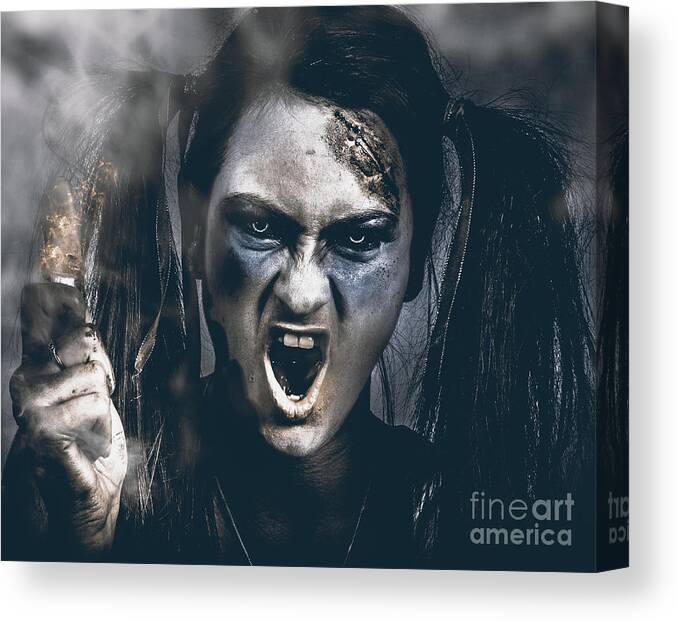 Face Canvas Print featuring the photograph Spooky portrait of dead school girl giving finger #1 by Jorgo Photography