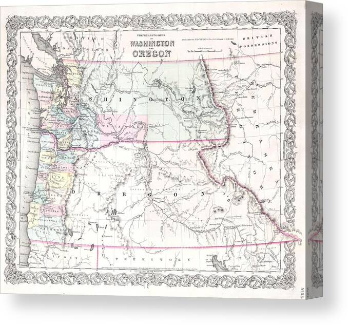  Canvas Print featuring the photograph 1853 Colton Map of Washington and Oregon by Paul Fearn