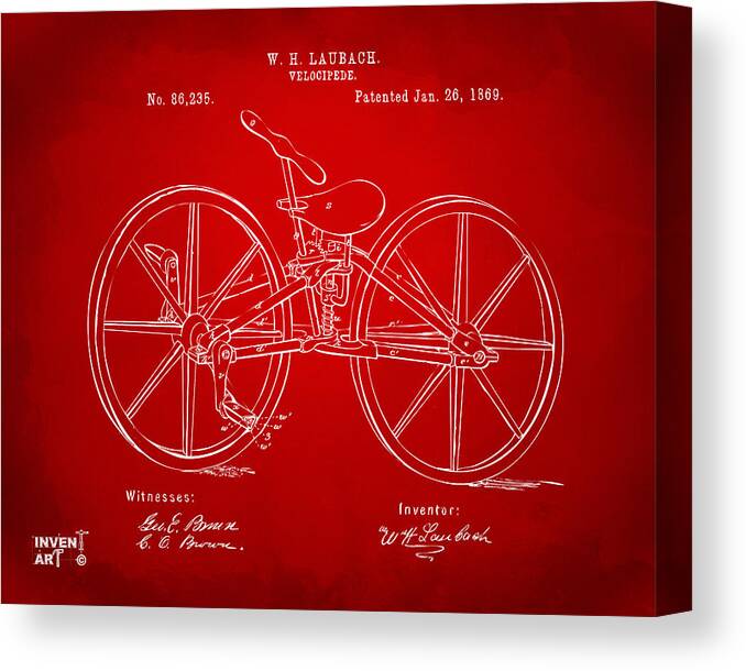 Bicycle Canvas Print featuring the digital art 1869 Velocipede Bicycle Patent Artwork Red by Nikki Marie Smith