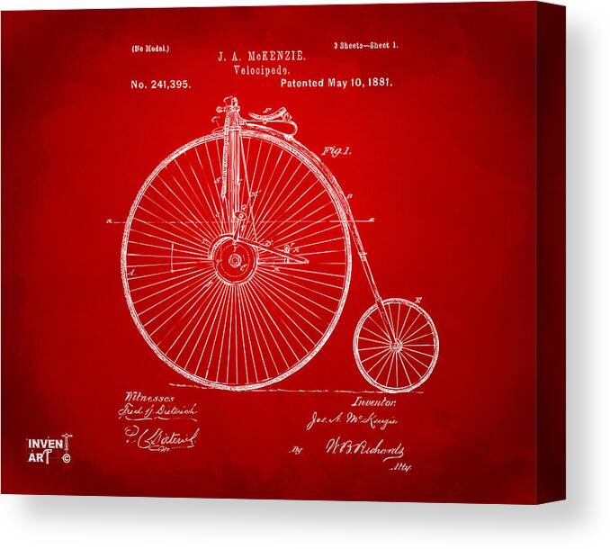Velocipede Canvas Print featuring the digital art 1881 Velocipede Bicycle Patent Artwork - Red by Nikki Marie Smith