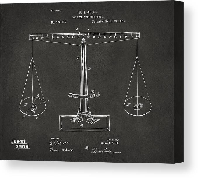 Justice Canvas Print featuring the digital art 1885 Balance Weighing Scale Patent Artwork - Gray by Nikki Marie Smith