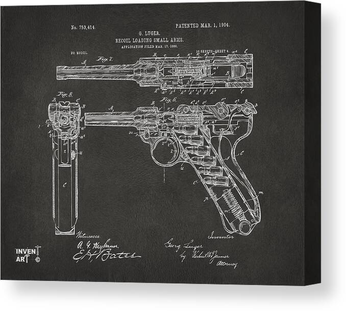 Luger Canvas Print featuring the digital art 1904 Luger Recoil Loading Small Arms Patent - Gray by Nikki Marie Smith