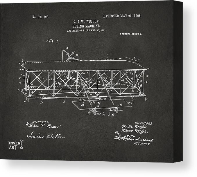 Wright Brothers Canvas Print featuring the digital art 1906 Wright Brothers Flying Machine Patent Gray by Nikki Marie Smith