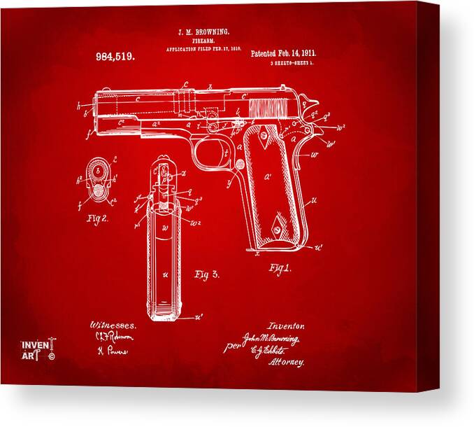 Colt 45 Canvas Print featuring the digital art 1911 Colt 45 Browning Firearm Patent Artwork Red by Nikki Marie Smith