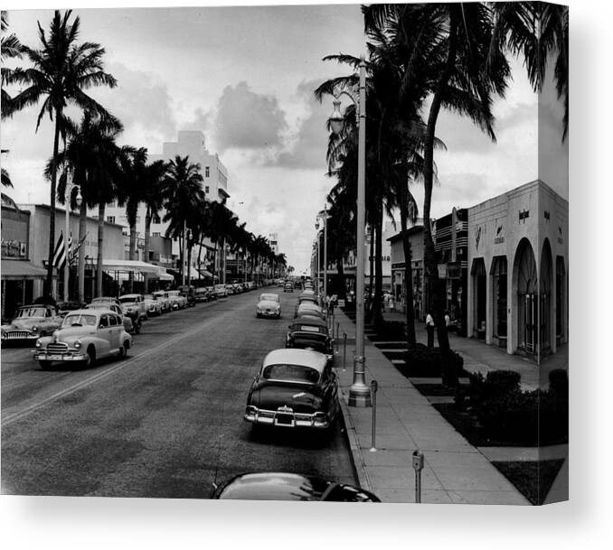 1954 Canvas Print featuring the photograph 1954 Miami Beach Lincoln Road by Retro Images Archive