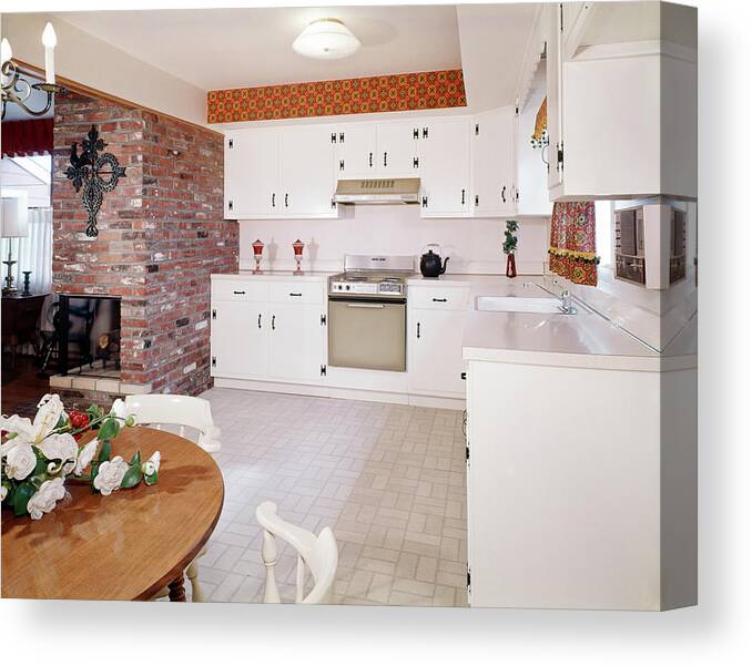 Photography Canvas Print featuring the photograph 1960s Kitchen Interior With Brick Wall by Vintage Images