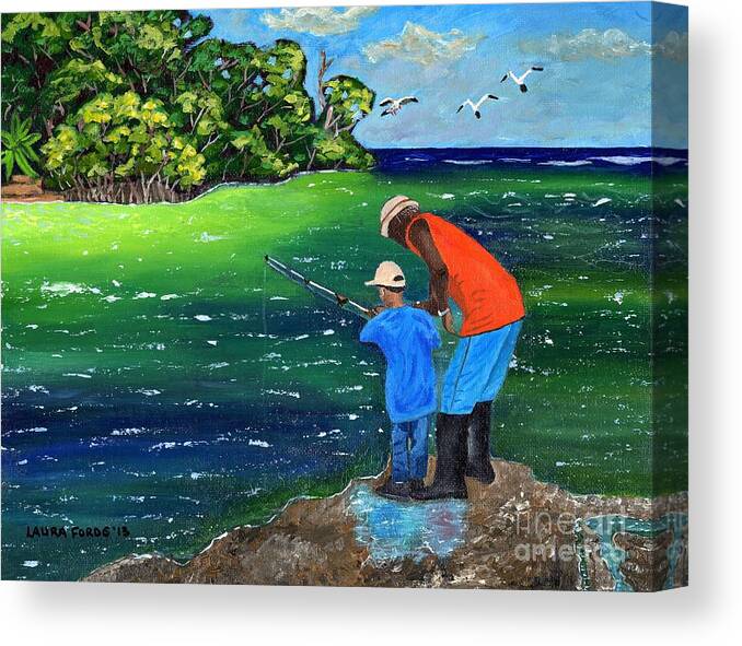 Seascape Canvas Print featuring the painting Fishing Buddies by Laura Forde