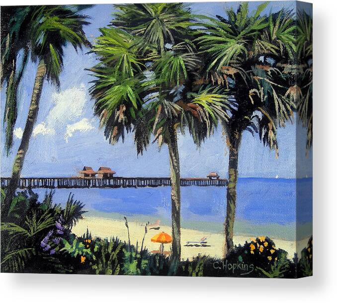 Christine Hopkins Canvas Print featuring the painting Naples Pier Naples Florida by Christine Hopkins