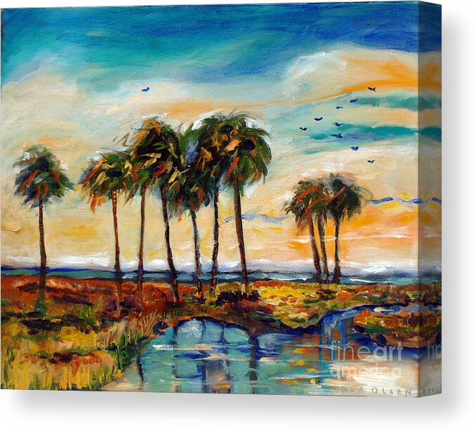 Sunset Canvas Print featuring the painting Palms at Sunset by Linda Olsen