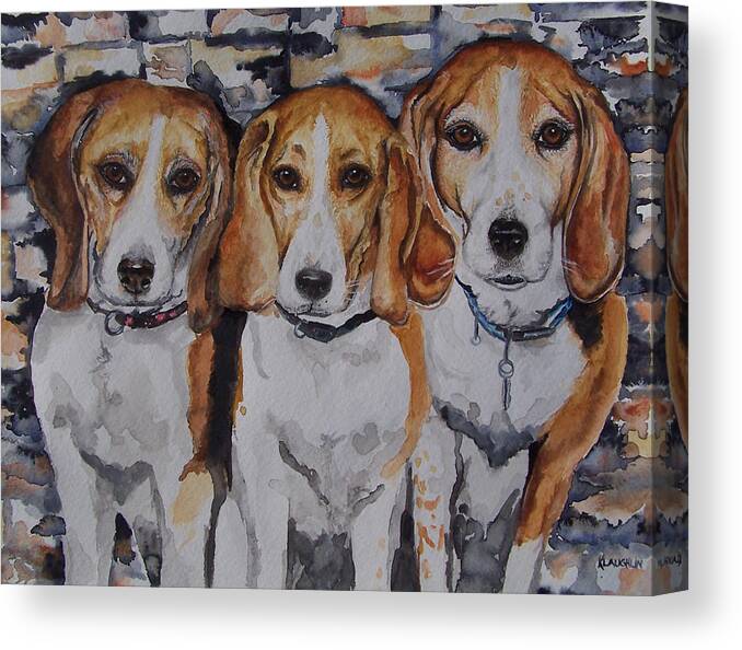 Beagles Canvas Print featuring the painting 3 Amigo Beagles by Kathy Laughlin