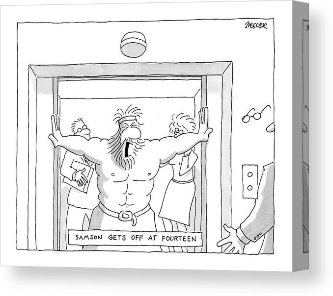 Samson Gets Off At Fourteen
(samson Holding Back The Doors As He Exits The Elevator.) 123055 Jzi Jack Ziegler Canvas Print featuring the drawing Samson Gets Off At Fourteen by Jack Ziegler