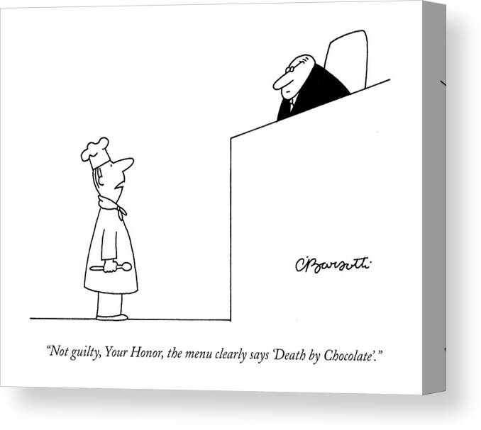 Judges Canvas Print featuring the drawing Not Guilty, Your Honor, The Menu Clearly Says by Charles Barsotti