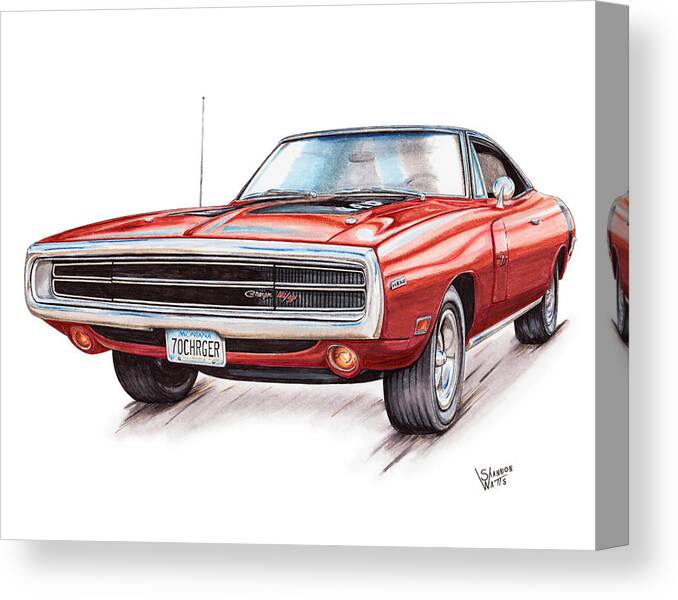 1970 Canvas Print featuring the drawing 70 Dodge Charger RT by Shannon Watts