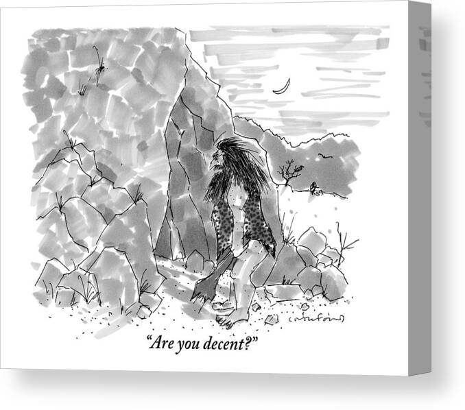 Cavemen Canvas Print featuring the drawing A Caveman Calls Into Cave From Entrance by Michael Crawford