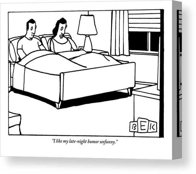 Late-night Canvas Print featuring the drawing A Couple Sits Upright In Bed by Bruce Eric Kaplan