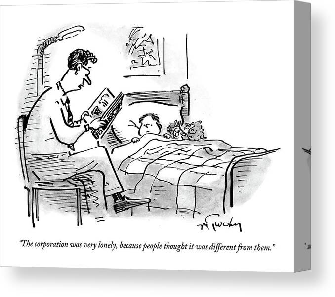 #condenastnewyorkercartoon Canvas Print featuring the drawing A Father Tucks His Son Into Bed With A Bedtime by Mike Twohy