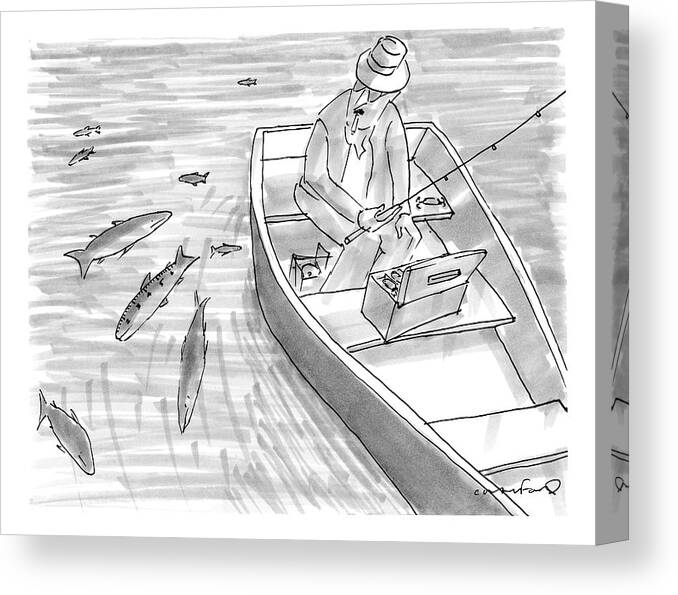 Fishing Canvas Print featuring the drawing A Fisherman On A Rowboat Looks At The Fish by Michael Crawford