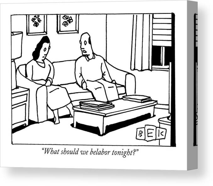 Marriage Canvas Print featuring the drawing A Husband Talks To His Wife In Their Living Room by Bruce Eric Kaplan