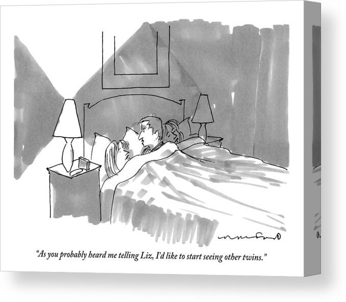 Love Scenes -- Breakups Canvas Print featuring the drawing A Man And Woman Are Talking In Bed by Michael Crawford